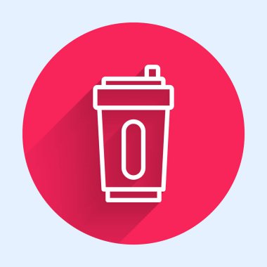 Uzun gölgeli, su ikonlu beyaz çizgi spor şişesi. Kırmızı daire düğmesi. Vektör.