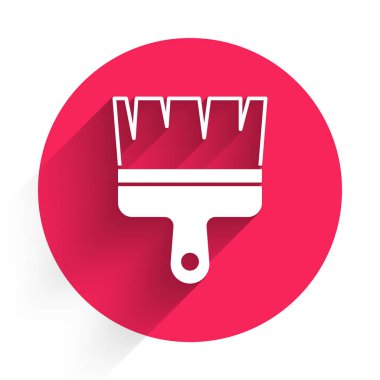 Beyaz boya fırça simgesi uzun gölgeli izole edilmiş. Kırmızı daire düğmesi. Vektör.