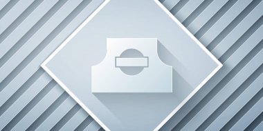 Kağıt kesiği, gri arkaplanda izole edilmiş başlık simgesini spreyleyebilir. Kağıt sanatı tarzı. Vektör.