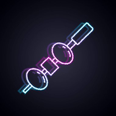 Parlak neon hattı, siyah arkaplanda izole edilmiş yemek çubuğu ikonu üzerinde zeytin ve peynir. Kanepe, peynirli ve zeytinli tapas. Vektör.