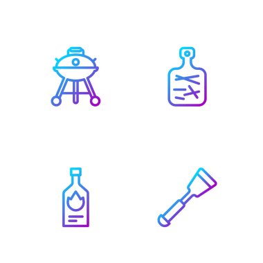 Spatula, Tabasco sosu, barbekü ızgarası ve kesim tahtası. Renk simgeleri. Vektör.