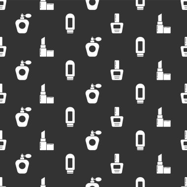 Tırnak cilası şişesi, ruj, parfüm ve krem ya da losyon kozmetik tüpünü pürüzsüz desene ayarlayın. Vektör.