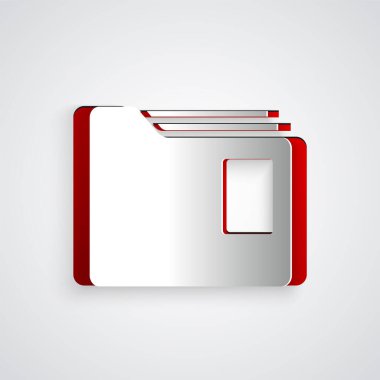 Kağıt kesimi Belge klasörü simgesi gri arkaplanda izole edildi. Muhasebe klasörü sembolü. Muhasebe yönetimi. Kağıt sanatı tarzı. Vektör İllüstrasyonu.