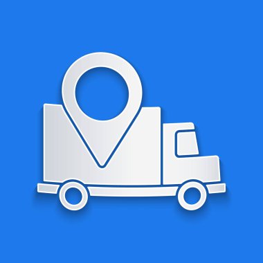 Kağıt kesiği Teslimat simgesi mavi arkaplanda izole edildi. Paket takibi. Kağıt sanatı tarzı. Vektör İllüstrasyonu.