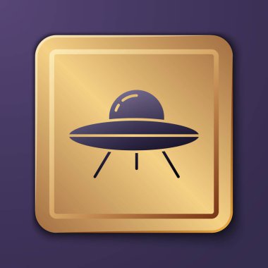 Mor UFO uçan uzay gemisi simgesi mor arka planda izole edildi. Uçan daire. Uzaylı uzay gemisi. Gelecekteki bilinmeyen uçan nesne. Altın kare düğme. Vektör.