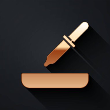 Altın Pipette simgesi siyah arkaplanda izole edildi. Tıbbi, kozmetik, kimya laboratuvarı ekipmanları. Uzun gölge tarzı. Vektör.