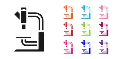 Beyaz arkaplanda siyah mikroskop simgesi izole edildi. Kimya, ilaç aleti, mikrobiyoloji büyütme aracı. Simgeleri renklendirin. Vektör.