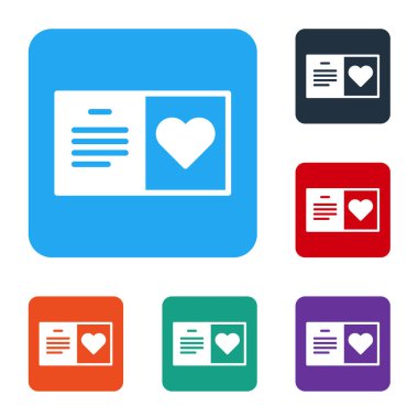 Beyaz Sevgililer Günü parti broşürü beyaz arka planda izole edilmiş. Kutlama için davetiye ya da tebrik kartı şablonu. Renkli kare düğmelerle simgeleri ayarla. Vektör.