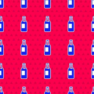 Mavi şarap şişesi ikonu, kırmızı arka planda izole edilmiş, pürüzsüz desen. Vektör.