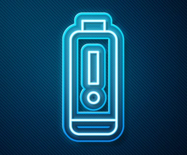 Parlayan neon hattı Batarya şarj seviyesi göstergesi simgesi mavi arkaplanda izole edildi. Vektör İllüstrasyonu.