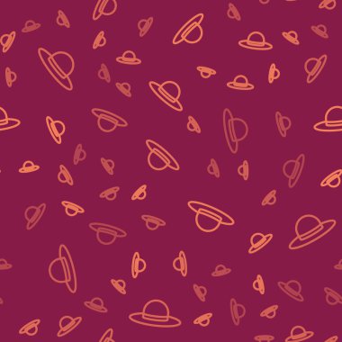 Kahverengi çizgi kadın şapka ikonu kırmızı arka planda izole edilmiş kusursuz desen. Vektör İllüstrasyonu.