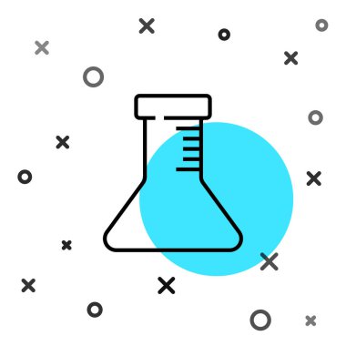 Siyah çizgi test tüpü ve beyaz arka planda izole edilmiş matara simgesi. Kimyasal laboratuvar testi. Laboratuvar camları. Rastgele dinamik şekiller. Vektör.