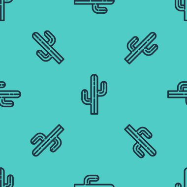 Siyah çizgi Kaktüs ikonu yeşil arkaplandaki kusursuz deseni izole etti. Vektör.