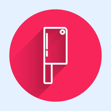 Beyaz çizgi Et Helikopteri simgesi uzun gölgeli izole edildi. Et için mutfak bıçağı. Kasap bıçağı. Mutlu Cadılar Bayramı Partisi. Kırmızı daire düğmesi. Vektör.