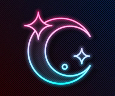 Parlayan neon hattı Ay ve yıldız simgesi siyah arkaplanda izole edildi. Vektör.