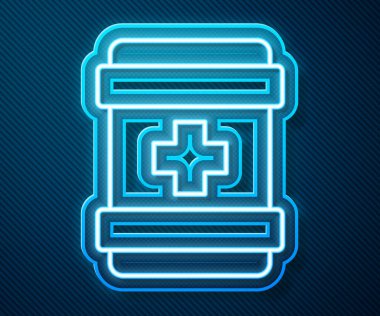 Parlayan neon hattı ilk yardım çantası simgesi mavi arkaplanda izole edildi. Haçlı sağlık kutusu. Acil durumlar için tıbbi ekipman. Sağlık sigortası konsepti. Vektör.