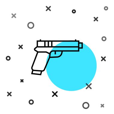 Siyah çizgi tabanca ya da silah ikonu beyaz arkaplanda izole edilmiş. Polis ya da askeri silah. Küçük ateşli silah. Rastgele dinamik şekiller. Vektör.