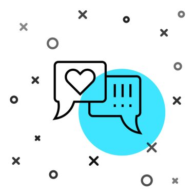 Konuşma baloncuğu simgesindeki siyah çizgi Kalbi beyaz arkaplanda izole edildi. Rastgele dinamik şekiller. Vektör.