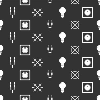 Fikir kavramına sahip ampulü ayarlayın, elektrik düğmesi, ses sistemi ve elektrik devre şemasını kusursuz desene ayarlayın. Vektör.