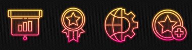 Dünya 'nın Küre ve Dişlileri, Grafik, grafik, diyagram, bilgi, yıldız ve yıldızlı madalya. Parlayan neon ikonu. Vektör.