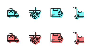 Satır konumunu karton kutu, teslimat kamyonu işareti, alışveriş sepeti ve el ve kutu simgesine ekle. Vektör.