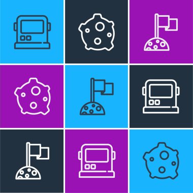 Çizgi çizgisi astronot miğferi, bayraklı ay ve göktaşı simgesi. Vektör.