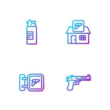 Desert Eagle silahı, av silahı, silah yağı şişesi ve... Renk simgeleri. Vektör.