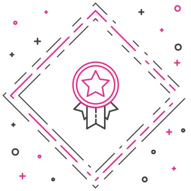 Beyaz arkaplanda yıldız simgesi olan çizgi madalyası. Kazanan başarı işareti. Ödül madalyası. Renkli taslak konsepti. Vektör İllüstrasyonu.