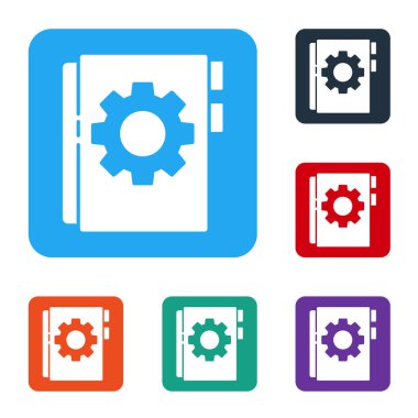 Beyaz Kullanıcı elle simgesi beyaz arkaplanda izole edildi. Kullanıcı rehberi kitabı. Talimat işareti. Kullanmadan önce oku. Renkli kare düğmelerle simgeleri ayarla. Vektör İllüstrasyonu.