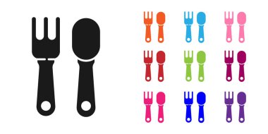 Siyah çatal ve kaşık ikonu beyaz arka planda izole edilmiş. Mutfak aletleri. Çatal bıçak seti. Simgeleri renklendirin. Vektör İllüstrasyonu.