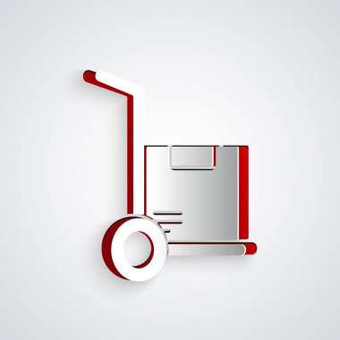 Kağıt kesiği el arabası ve gri arka planda izole edilmiş kutular. Dolly sembolü. Kağıt sanatı tarzı. Vektör İllüstrasyonu.