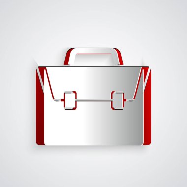 Kağıt kesiği Evrak Çantası simgesi gri arkaplanda izole edildi. İş ilanı. İş portföyü. Kağıt sanatı tarzı. Vektör.