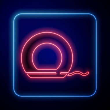 Parlayan neon diş ipi simgesi mavi arkaplanda izole edilmiş. Vektör.