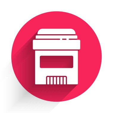Beyaz terleme önleyici deodorant rulo ikonu uzun gölgeli izole edilmiş. Vücut hijyeni için kozmetik. Kırmızı daire düğmesi. Vektör.