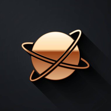 Dünya 'nın yörüngesindeki Altın Yapay uydular dış uzay ikonunda siyah arkaplanda izole edildi. İletişim, navigasyon konsepti. Uzun gölge tarzı. Vektör.