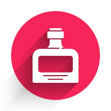 Uzun gölgeli beyaz viski şişesi ikonu. Kırmızı daire düğmesi. Vektör.