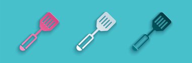 Kağıt kesiği Spatula simgesi mavi arkaplanda izole edildi. Mutfak spatula ikonu. Barbekü spatula işareti. Barbekü ve ızgara aleti. Kağıt sanatı tarzı. Vektör.