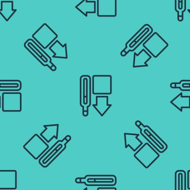 Tıbbi inceleme ikonu için siyah çizgi termometresi yeşil arka planda izole edilmiş pürüzsüz desen. Vektör.