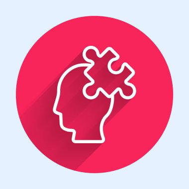 Psikoloji ikonundaki soruna uzun gölgeli beyaz çizgi çözümü. Bulmaca. Akıl sağlığı terapisi. Kırmızı daire düğmesi. Vektör.