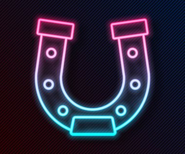 Parlayan neon çizgisi at nalı simgesi siyah arkaplanda izole edildi. Vektör.