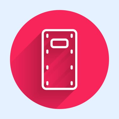 Beyaz çizgi askeri saldırı kalkanı ikonu uzun gölgeli izole edilmiş. Kırmızı daire düğmesi. Vektör.