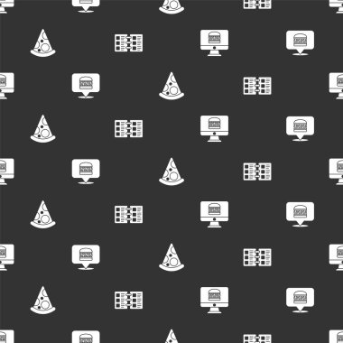 Çevrimiçi sipariş ve teslimat, burger, pizza dilimi ve restoran kafe menüsünü kusursuz bir şekilde ayarlayın. Vektör.