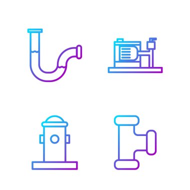 Metalik boru, yangın musluğu, endüstriyel metalik boru ve elektrik pompası. Renk simgeleri. Vektör.