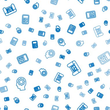 Hat insan kafası ve içinde ekipman var. Ev planı ve hesap makinesi sorunsuz çalışıyor. Vektör.