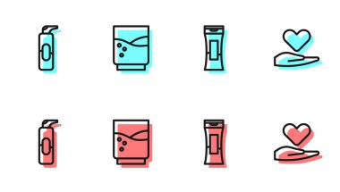Bir şişe şampuan, saç spreyi için sprey kutusu, elinde su ve kalp olan bardak. Vektör.