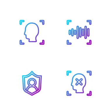 Satır Reddetme yüz tanıma, Kullanıcı koruması, Yüz ve Ses. Renk simgeleri. Vektör.