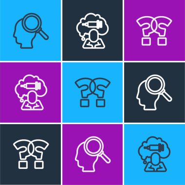 Satır Belirleme Bir sorun bulma, Soru işareti ve uyuşturucu ikonu Bağımlılığı. Vektör.