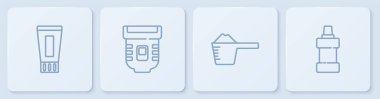 Diş macunu, çamaşır tozu, Epilatör ve şişe hortumunu temizleme maddesi için ayarla. Beyaz kare düğme. Vektör.