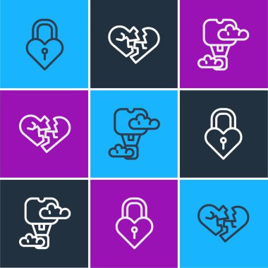 Kale hattını kalp şeklinde ayarla, Romantik sıcak hava balonu ve kırık ya da boşanma ikonu. Vektör.