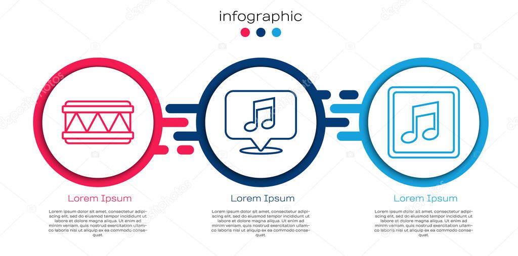 Set line Drum, Musical note in speech bubble and Music note, tone. Business infographic template. Vector.